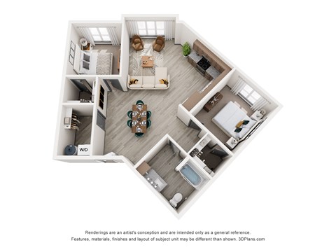 Floor plan for 2 beds, 1 bath, 1033 sqft